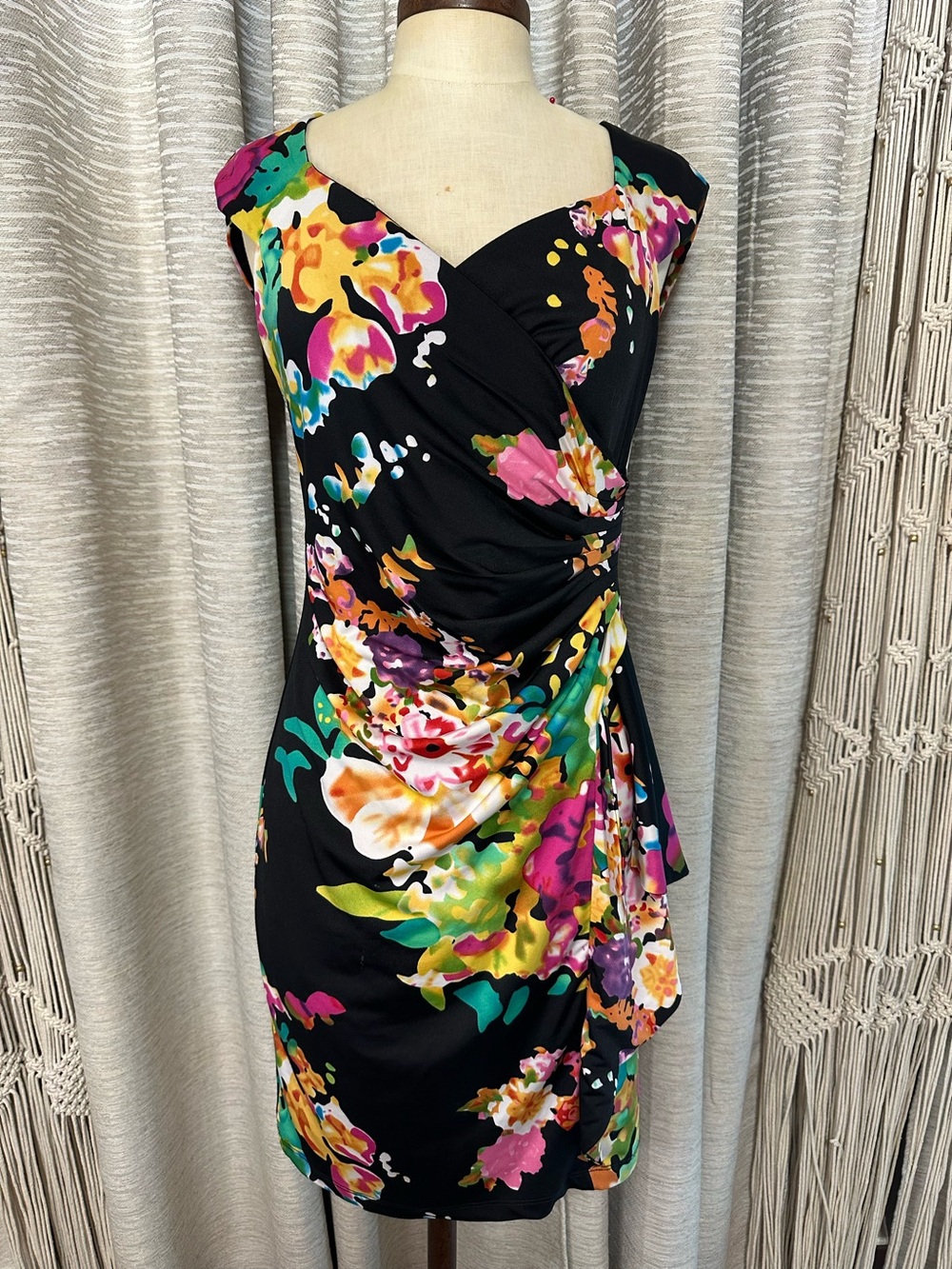 MSK Floral Ruched Cocktail Dress Black Multi Open Back Size Small